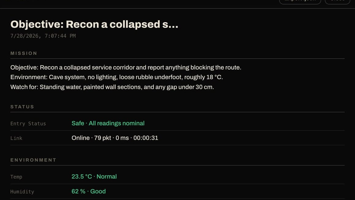 The session report listing the mission, the readings and every finding.